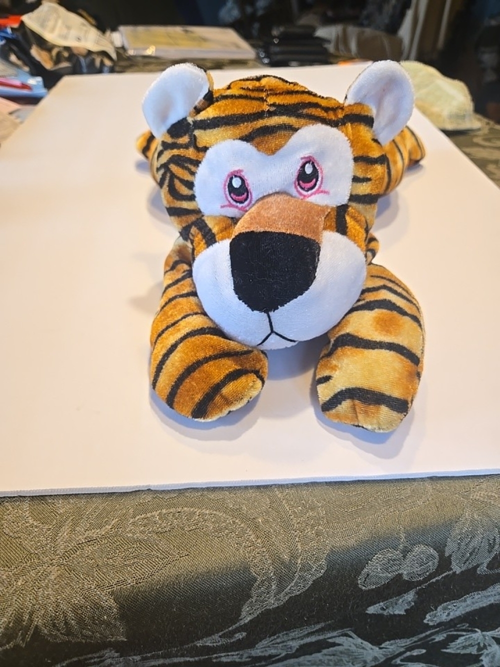 Kellytoy Striped Tiger Plush in Orange and Black with Pink Eyes